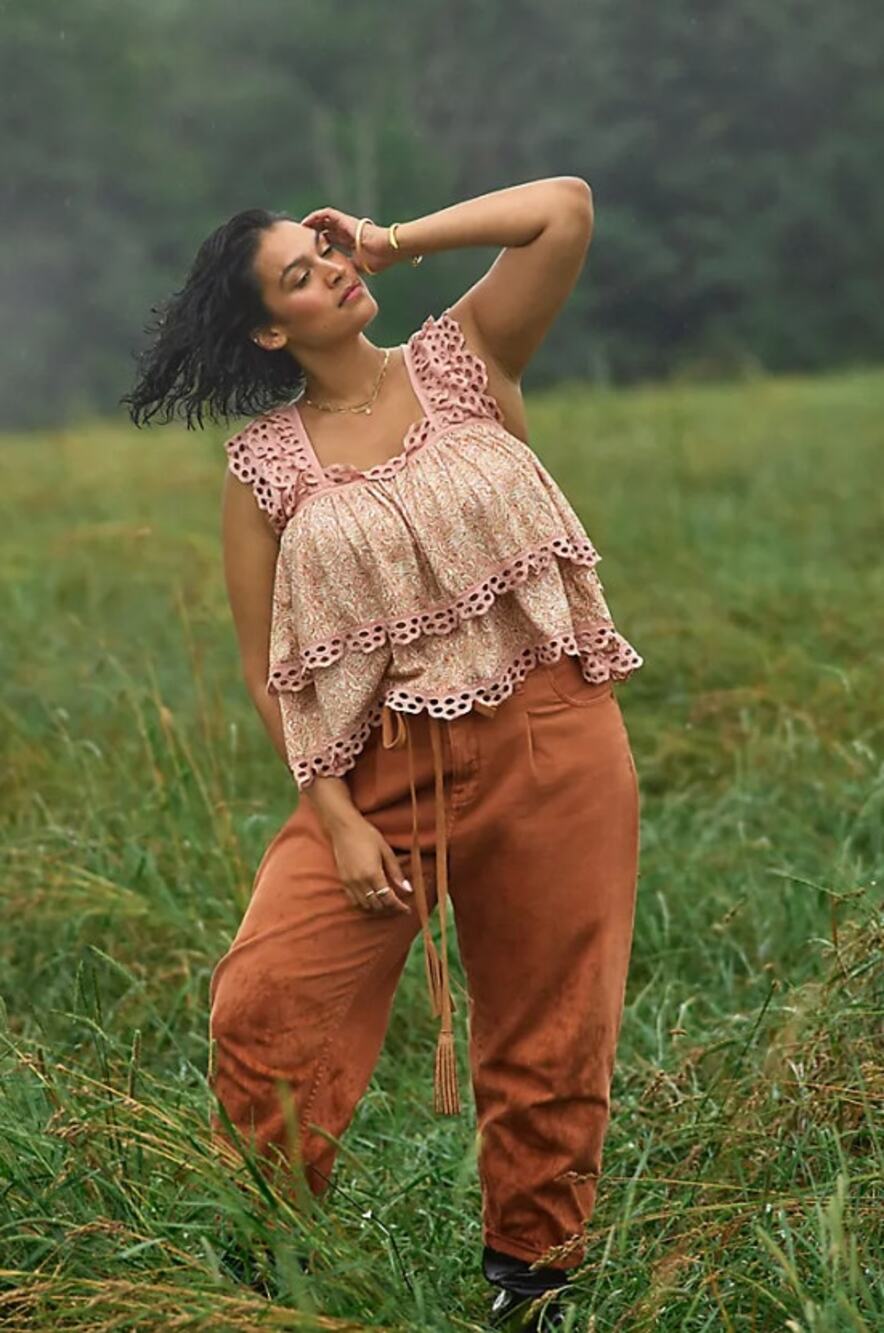 Anthropologie Let Me Be Eyelet Tiered Swing Top Blush Romantic Boho Cottagecore